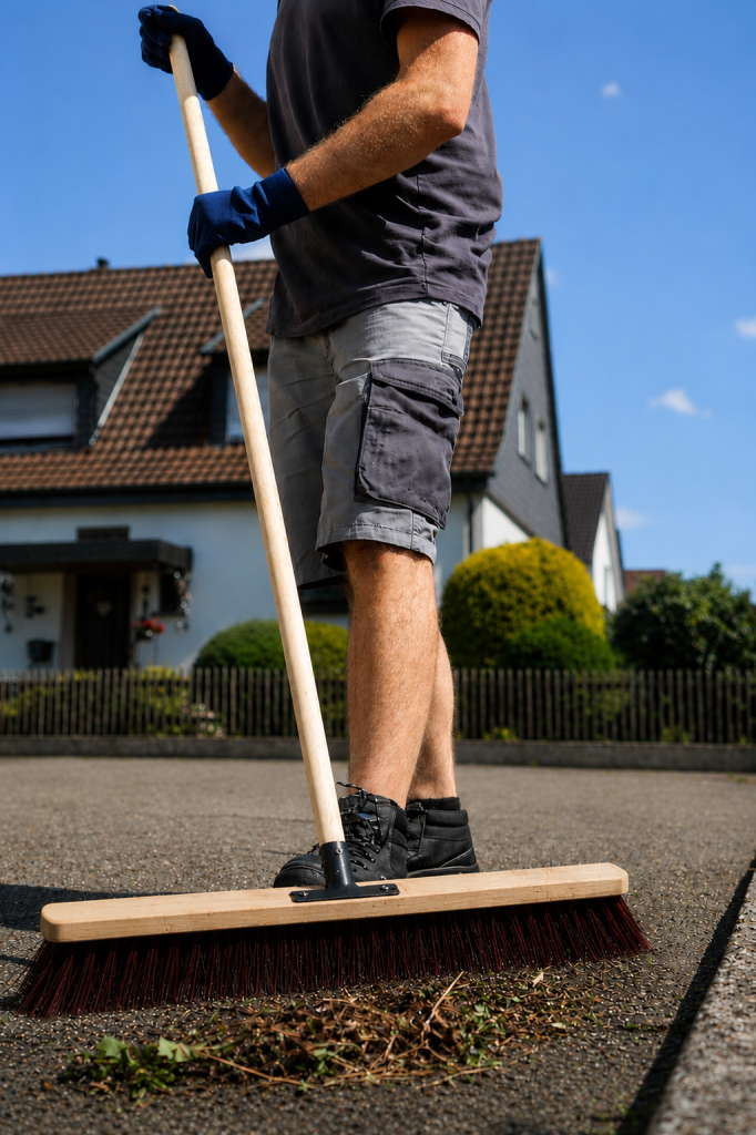 Hausmeisterservice bei Kehrarbeiten im Außenbereich eines Wohngebäudes.