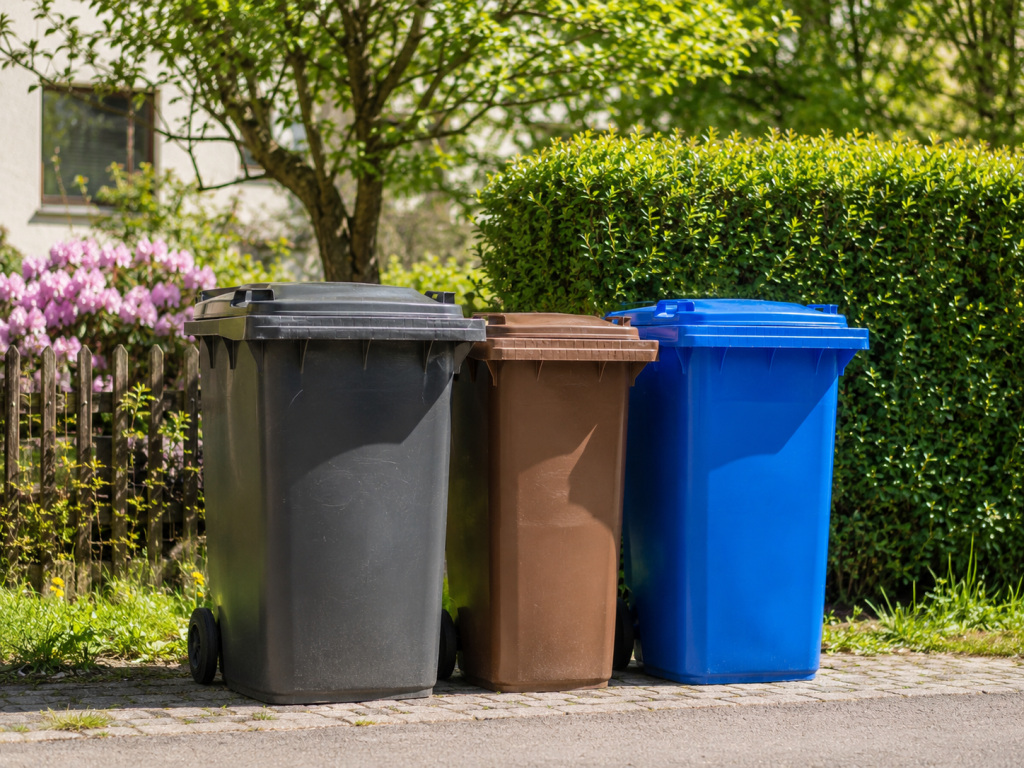 Bereitgestellte Restmüll-, Bio- und Papiertonnen im Rahmen eines professionellen Mülltonnenservices.